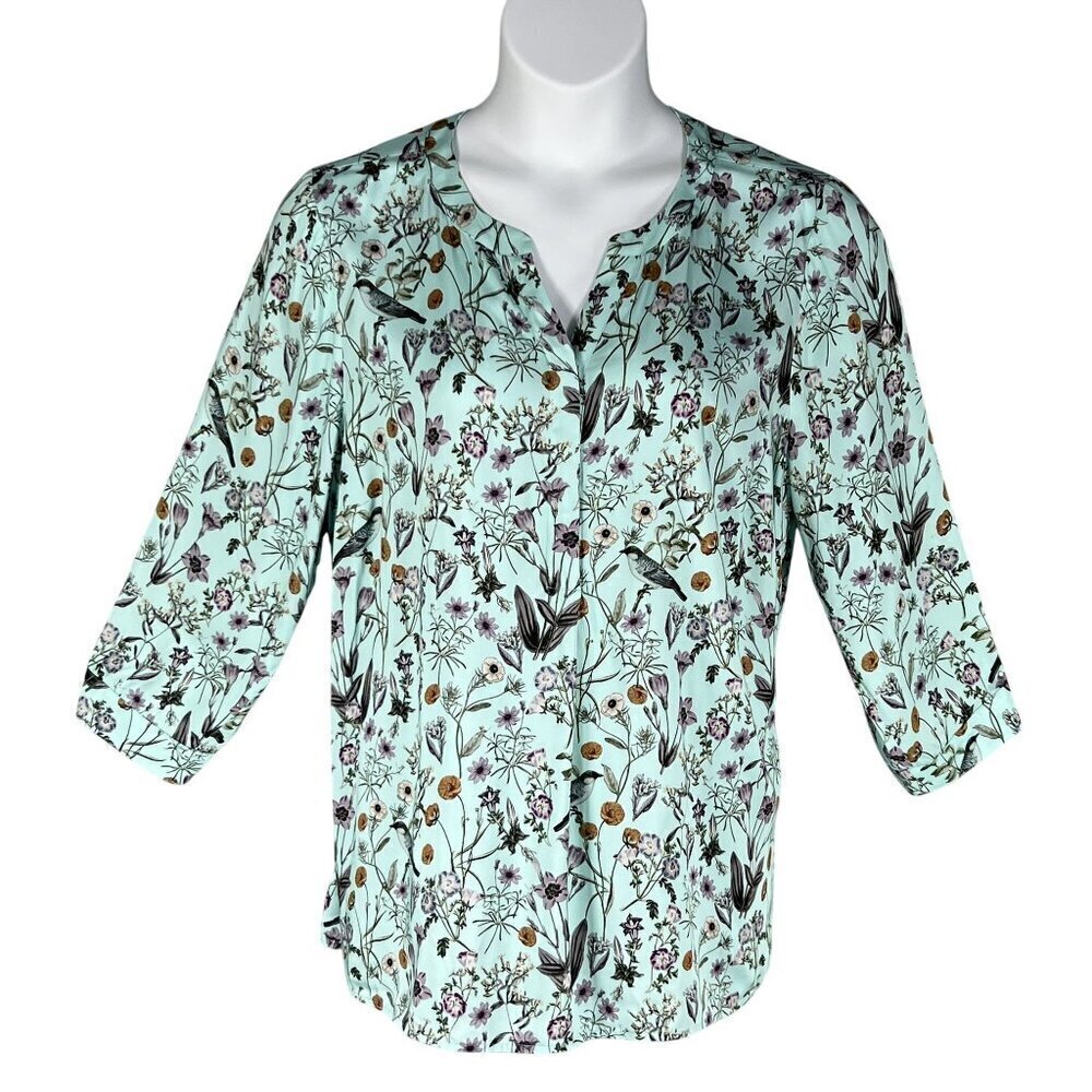 J Jill Womens L Seafoam Botanical Bird Floral Print Top 3/4 Sleeve Blouse Silky